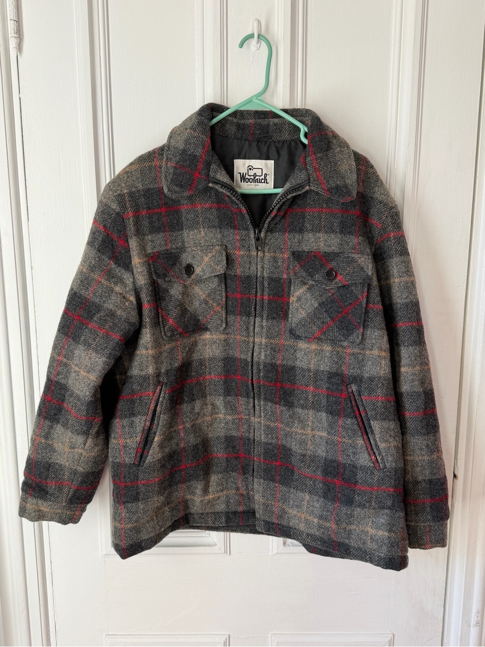 Vintage 90’s Woolrich Grey Plaid Wool Full Zip Jacket Pockets/Lined